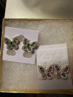 Crystal Butterfly Stud Earrings - Green and Multicolor